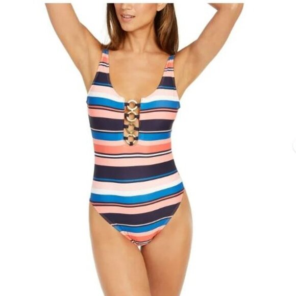 Michael Kors PERSIMMON MULTI Striped Chain-Ring One-Piece Swimsuit - 4 - Picture 1 of 10